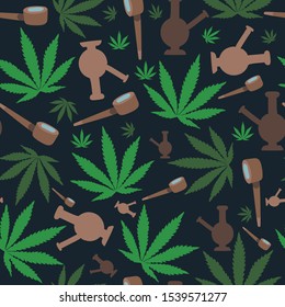 Marijuana leaf weed with bong and pipe seamless repeating pattern. Colors of various shades of green