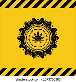 marijuana leaf, weed icon black grunge emblem, yellow warning sign. Vector Illustration. Detailed.