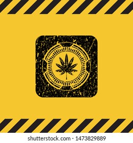 marijuana leaf, weed icon black grunge emblem, yellow warning sign. Vector Illustration. Detailed.