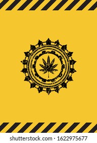 marijuana leaf, weed icon black grunge emblem inside yellow warning sign. Vector Illustration. Detailed.