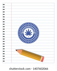 marijuana leaf, weed icon draw (pen strokes). Blue ink. Vector Illustration. Detailed.