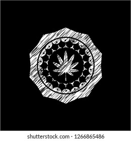 marijuana leaf, weed icon drawn chalk emblem, retro style, chalk or chalkboard texture