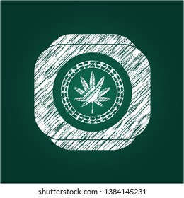 marijuana leaf, weed icon drawn chalk emblem, retro style, chalk or chalkboard texture