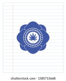 marijuana leaf, weed icon emblem draw with pen effect. Blue ink. Vector Illustration. Detailed.