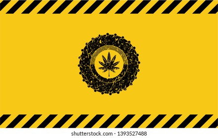 marijuana leaf, weed icon grunge black emblem with yellow background, warning sign. Vector Illustration. Detailed.