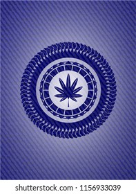 marijuana leaf, weed icon inside badge with denim texture