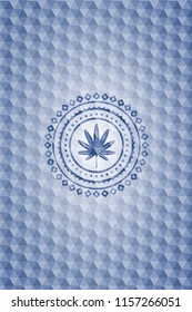 marijuana leaf, weed icon inside blue polygonal emblem.