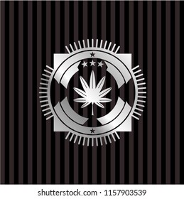 marijuana leaf, weed icon inside silvery badge
