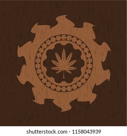 marijuana leaf, weed icon inside vintage wood emblem
