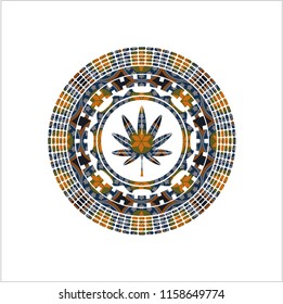 marijuana leaf, weed icon inside arabesque emblem. arabic decoration.