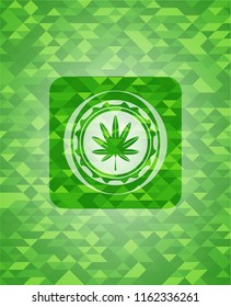 marijuana leaf, weed icon inside realistic green emblem. Mosaic background