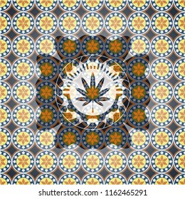 marijuana leaf, weed icon inside arabic style badge. Arabesque decoration.