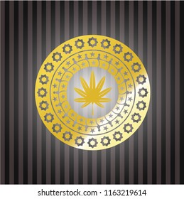marijuana leaf, weed icon inside gold badge