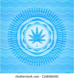 marijuana leaf, weed icon inside water wave representation emblem background.