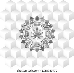 marijuana leaf, weed icon inside grey emblem with geometric cube white background