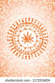 marijuana leaf, weed icon inside orange tile background illustration. Square geometric mosaic seamless pattern with emblem inside.