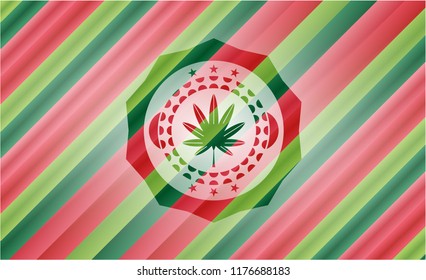 marijuana leaf, weed icon inside christmas colors style badge.