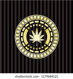 marijuana leaf, weed icon inside golden badge or emblem