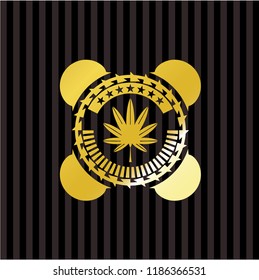 marijuana leaf, weed icon inside golden emblem