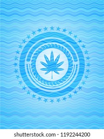 marijuana leaf, weed icon inside light blue water badge background.