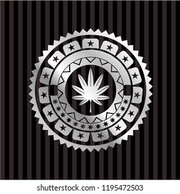 marijuana leaf, weed icon inside silvery emblem