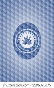marijuana leaf, weed icon inside blue emblem with geometric pattern background.