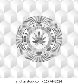 marijuana leaf, weed icon inside grey emblem. Vintage with geometric cube white background