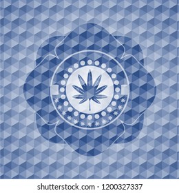 marijuana leaf, weed icon inside blue polygonal emblem.