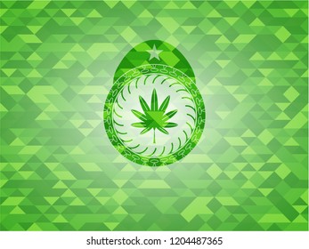 marijuana leaf, weed icon inside green emblem with mosaic ecological style background