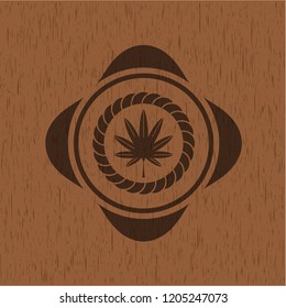 marijuana leaf, weed icon inside wood emblem. Retro