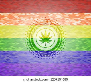 marijuana leaf, weed icon inside emblem on mosaic background with the colors of the LGBT flag