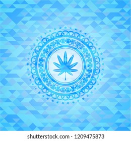 marijuana leaf, weed icon inside light blue emblem. Mosaic background