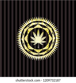 marijuana leaf, weed icon inside gold shiny badge