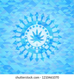 marijuana leaf, weed icon inside realistic light blue mosaic emblem