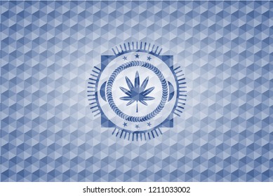marijuana leaf, weed icon inside blue badge with geometric pattern background.