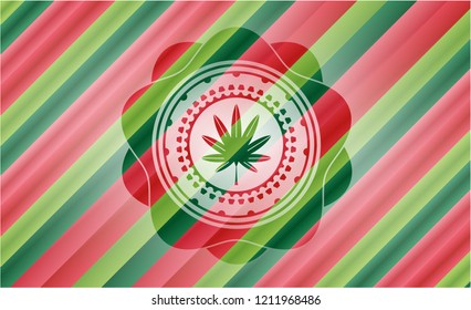marijuana leaf, weed icon inside christmas colors style badge.