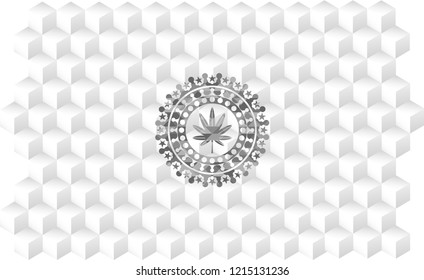 marijuana leaf, weed icon inside retro style grey emblem with geometric cube white background