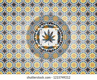 marijuana leaf, weed icon inside arabic style badge. Arabesque decoration.