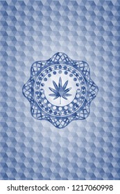 marijuana leaf, weed icon inside blue polygonal emblem.