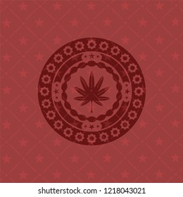 marijuana leaf, weed icon inside badge with red background
