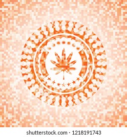 marijuana leaf, weed icon inside orange tile background illustration. Square geometric mosaic seamless pattern with emblem inside.