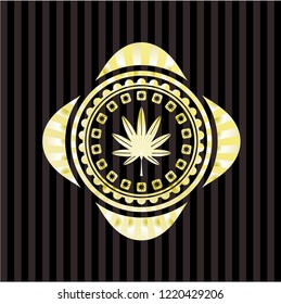 marijuana leaf, weed icon inside gold badge