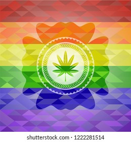 marijuana leaf, weed icon inside emblem on mosaic background with the colors of the LGBT flag