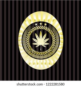 marijuana leaf, weed icon inside gold emblem or badge
