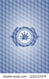 marijuana leaf, weed icon inside blue hexagon badge.
