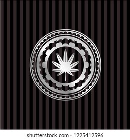 marijuana leaf, weed icon inside silvery shiny badge