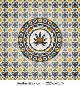 marijuana leaf, weed icon inside arabesque emblem background. arabic decoration.