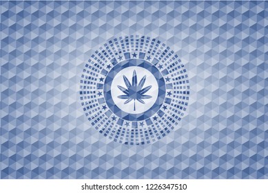 marijuana leaf, weed icon inside blue emblem with geometric pattern.