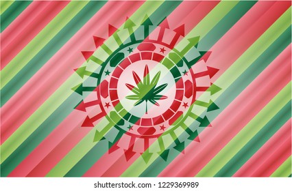 marijuana leaf, weed icon inside christmas colors badge.