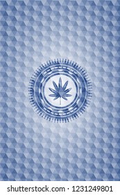 marijuana leaf, weed icon inside blue badge with geometric background.